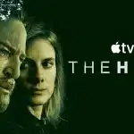 Poster for Apple TV's series 'The Hunt' featuring two characters in a dark, forest-themed design.