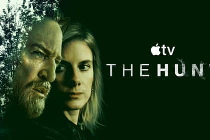 Poster for Apple TV's series 'The Hunt' featuring two characters in a dark, forest-themed design.