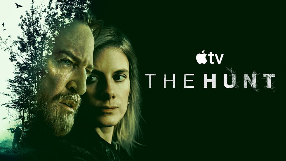 Promotional poster for Apple TV’s series “The Hunt,” featuring two main characters on a dark background.