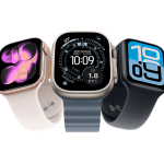 Three Apple Watch models displaying different watch faces and band colours.
