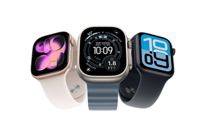 Three Apple Watch models displaying different watch faces and band colours.
