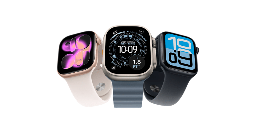 Three Apple Watch models displaying different watch faces and band colours.