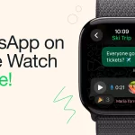 Apple Watch displaying a WhatsApp chat with the text “WhatsApp on Apple Watch is here!”
