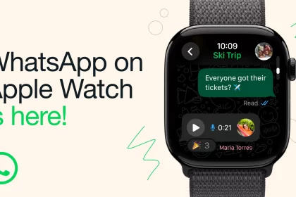 Apple Watch displaying a WhatsApp chat with the text “WhatsApp on Apple Watch is here!”
