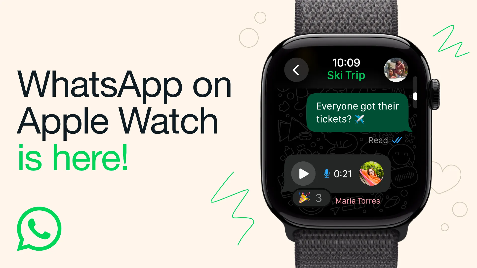 Apple Watch displaying a WhatsApp chat with the text “WhatsApp on Apple Watch is here!”
