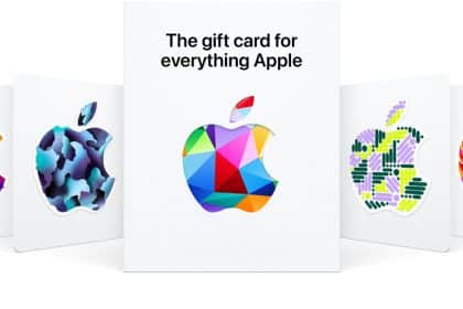 Apple Gift Cards with colourful Apple logo designs.