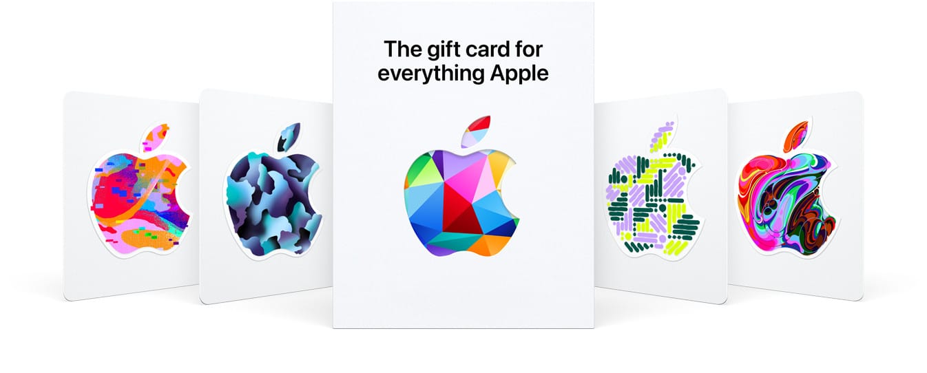 Apple Gift Cards with colourful Apple logo designs.