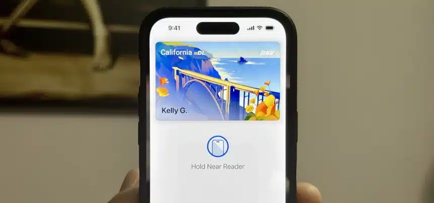 An iPhone displaying a digital California driver&rsquo;s license in Apple Wallet.