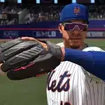 Baseball player in an MLB game holding a glove on the field.