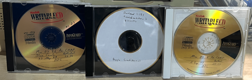 Three unreleased Mac OS CHRP CDs labeled with 1997 build details.