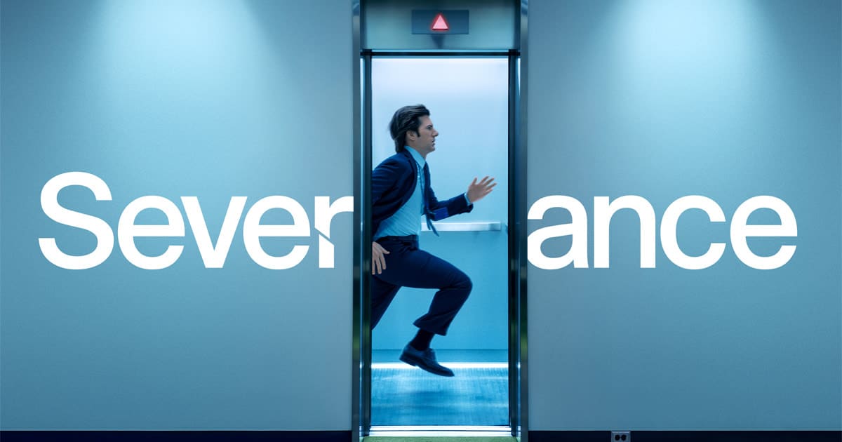 A man running through an office hallway with the word “Severance” behind him.