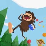 Sneaky Sasquatch character jumping in the air with food items flying around.