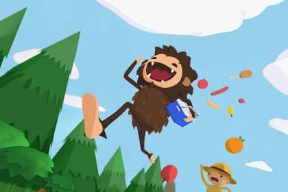 Sneaky Sasquatch character jumping in the air with food items flying around.