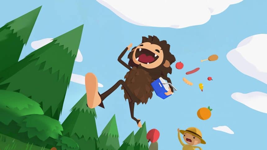 Sneaky Sasquatch character jumping in the air with food items flying around.