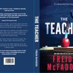 Book cover of The Teacher by Frieda McFadden featuring an apple and knife on stacked books.