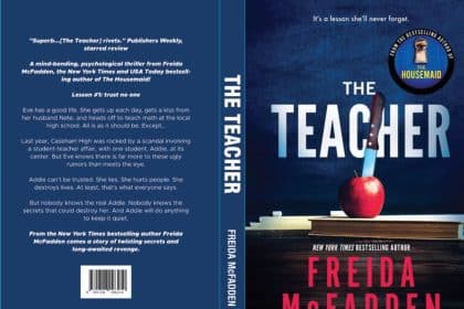Book cover of The Teacher by Frieda McFadden featuring an apple and knife on stacked books.