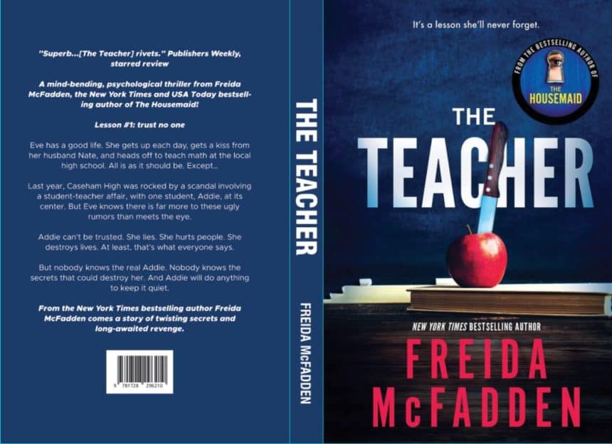 Book cover of The Teacher by Frieda McFadden featuring an apple and knife on stacked books.