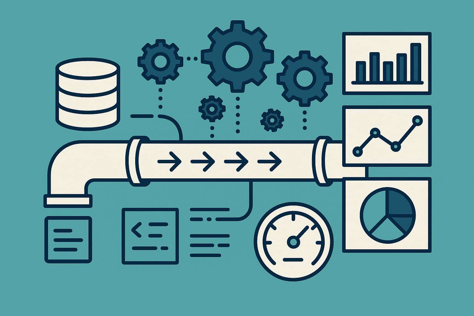 Data pipeline optimization concept with connected servers and data flow analytics visuals