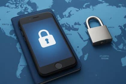 iPhone secured with a lock symbol, representing data protection while traveling internationally