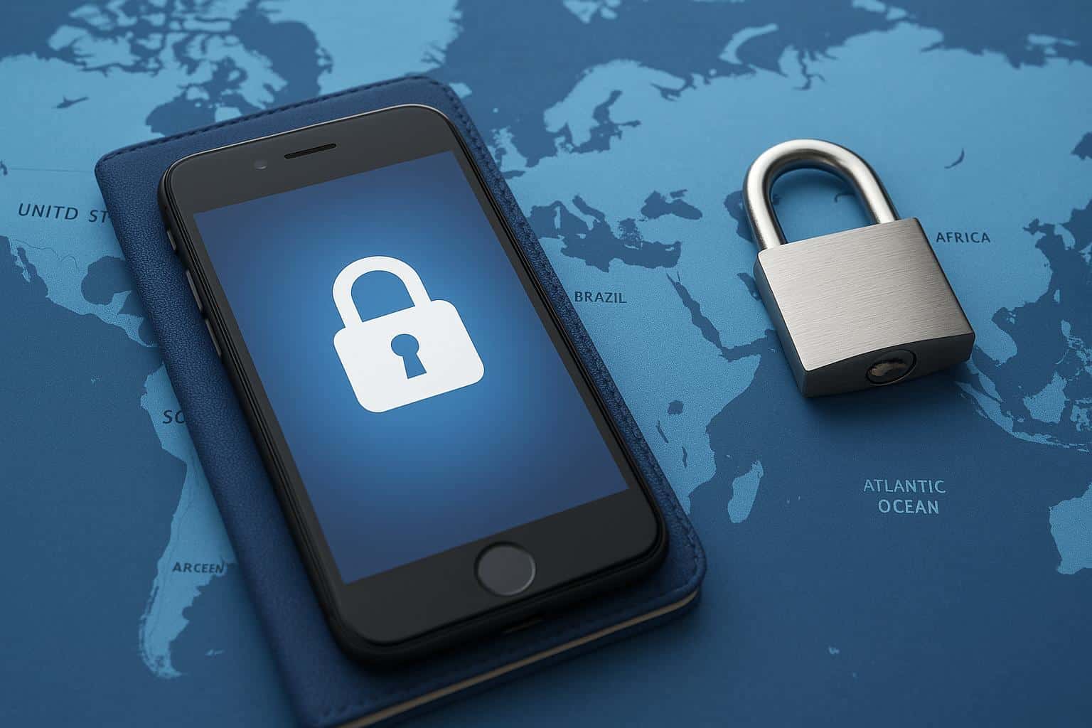 iPhone secured with a lock symbol, representing data protection while traveling internationally