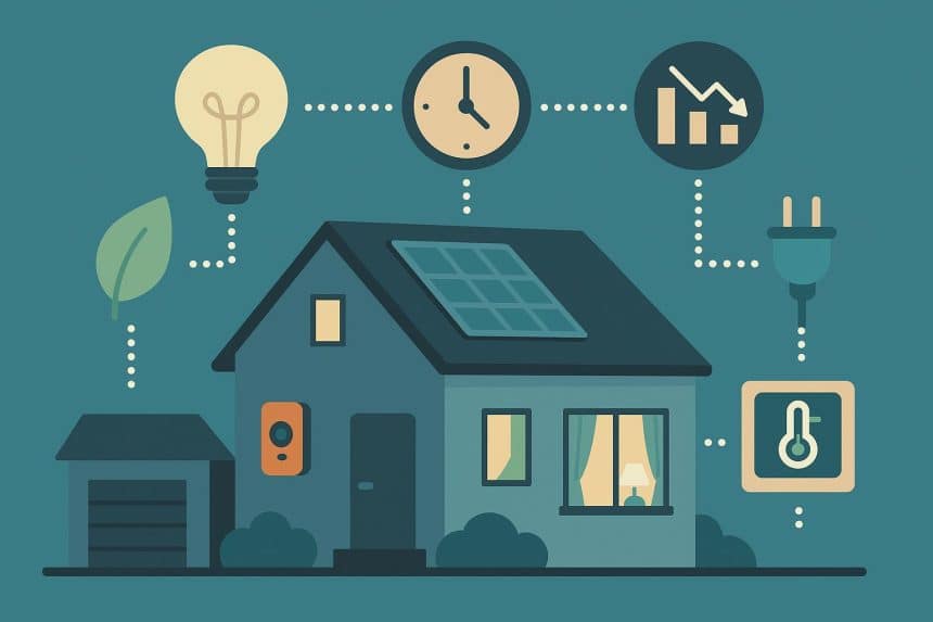 Modern smart home with connected devices using energy-saving technology and efficient lighting