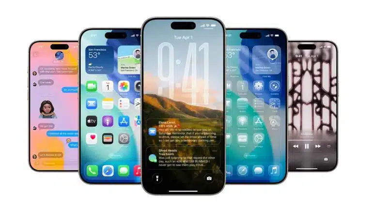 Apple iPhones showing iOS 26 interface screens.