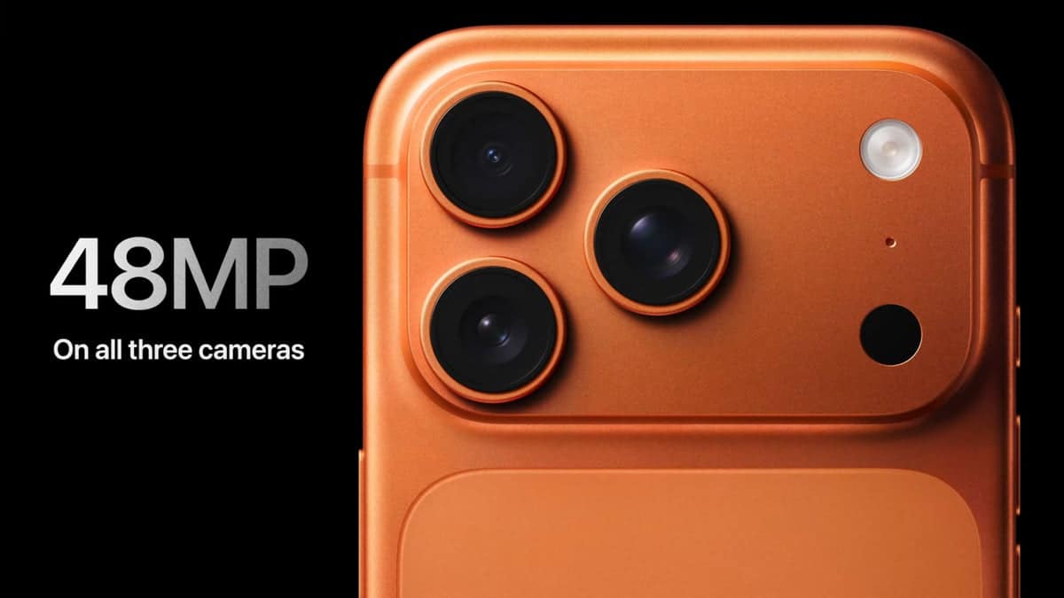 Close-up of the iPhone 17 Pro’s triple 48MP camera system.