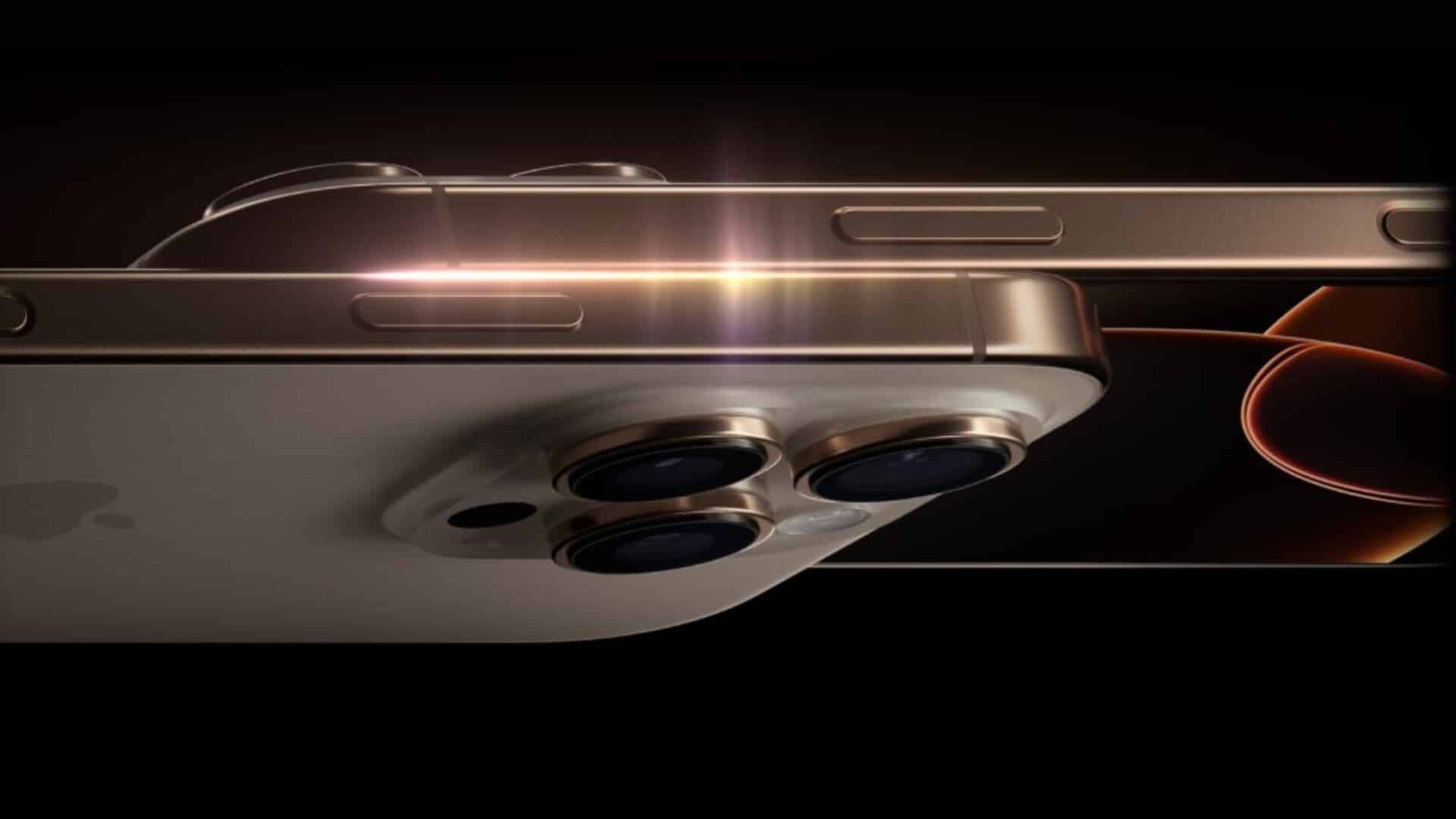 Close-up of an iPhone with triple cameras and a glowing metallic edge.