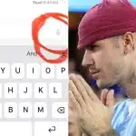 Justin Bieber next to a screenshot of an iPhone keyboard with the mic button circled.