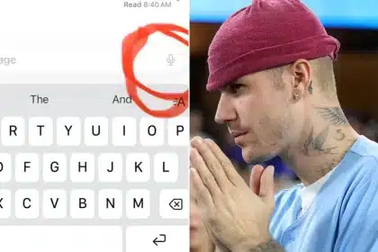Justin Bieber next to a screenshot of an iPhone keyboard with the mic button circled.