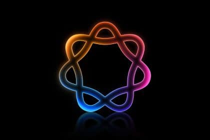 Colourful glowing AI loop icon on a black background.