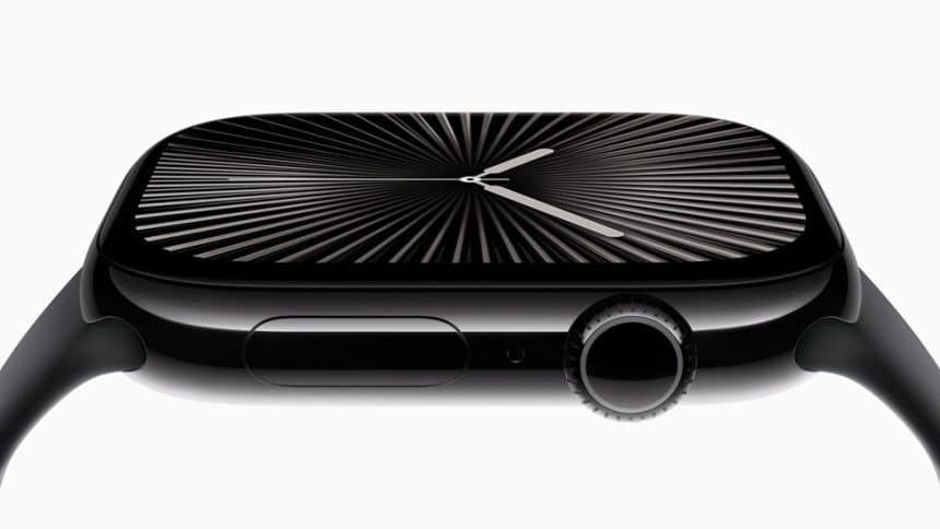 Close-up of an Apple Watch showing its display and side buttons.