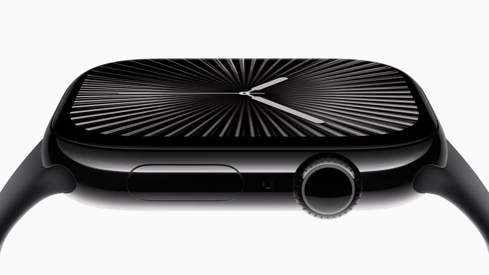 Close-up of an Apple Watch showing its display and side buttons.