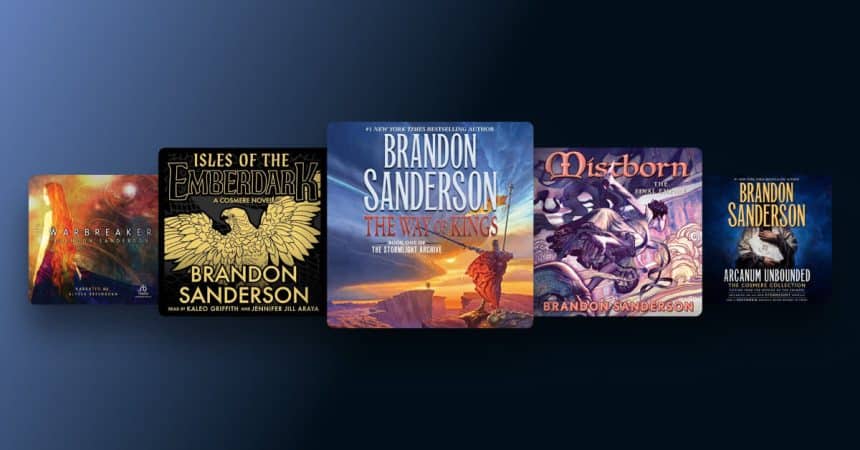 Book covers from Brandon Sanderson’s Cosmere fantasy universe displayed side by side.