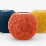 Apple HomePod speakers shown in multiple colours.