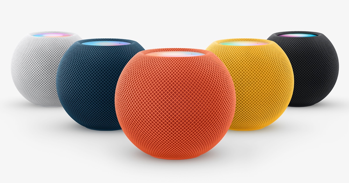 Apple HomePod speakers shown in multiple colours.