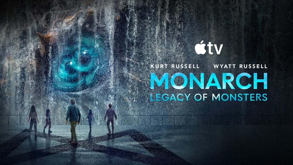 Monarch: Legacy of Monsters Season 2 poster featuring a giant monster eye and four characters walking forward.