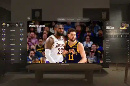 NBA game displayed in Apple Vision Pro with live stats and player info overlays.