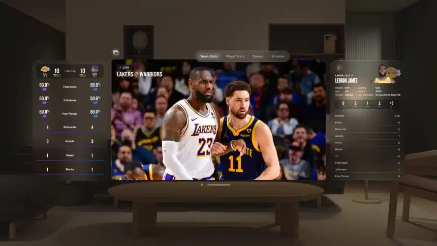 NBA game displayed in Apple Vision Pro with live stats and player info overlays.