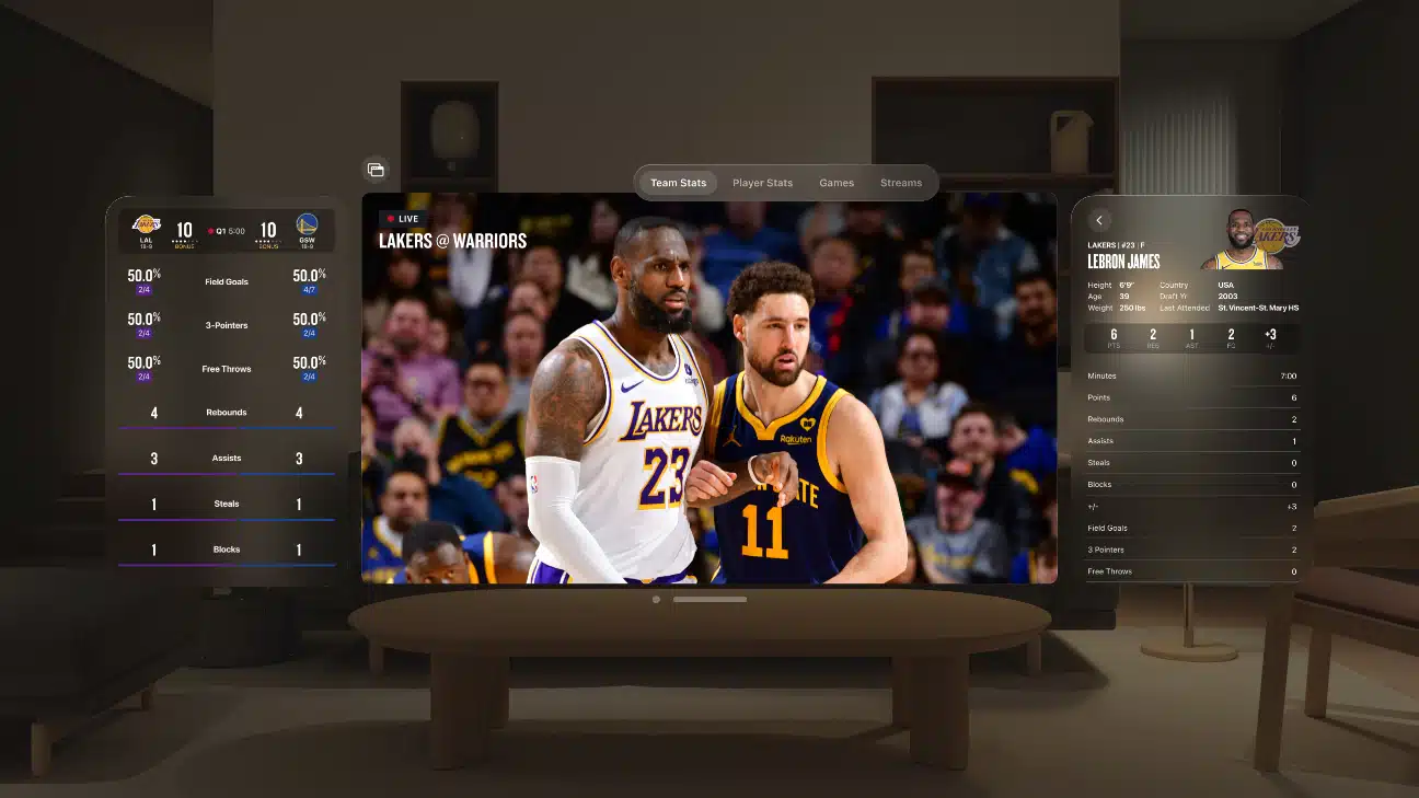 NBA game displayed in Apple Vision Pro with live stats and player info overlays.