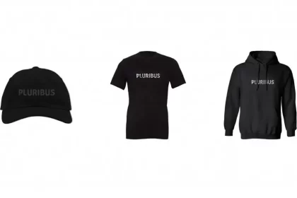 Pluribus logo hat, t-shirt, and hoodie merchandise displayed side by side.