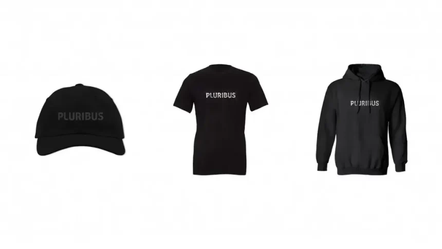 Pluribus logo hat, t-shirt, and hoodie merchandise displayed side by side.