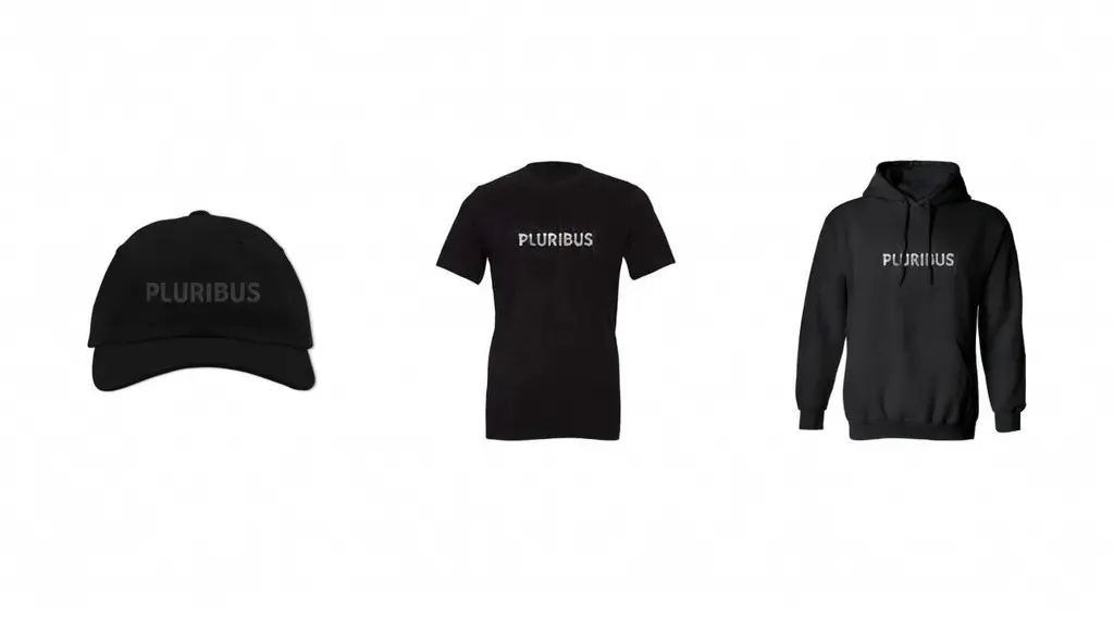Pluribus logo hat, t-shirt, and hoodie merchandise displayed side by side.