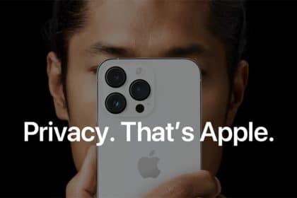 Person holding an iPhone with the text “Privacy. That’s Apple."