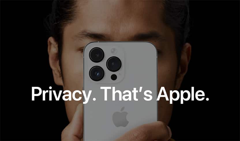 Person holding an iPhone with the text “Privacy. That’s Apple."