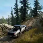 Off-road truck driving through a forest trail in SnowRunner.