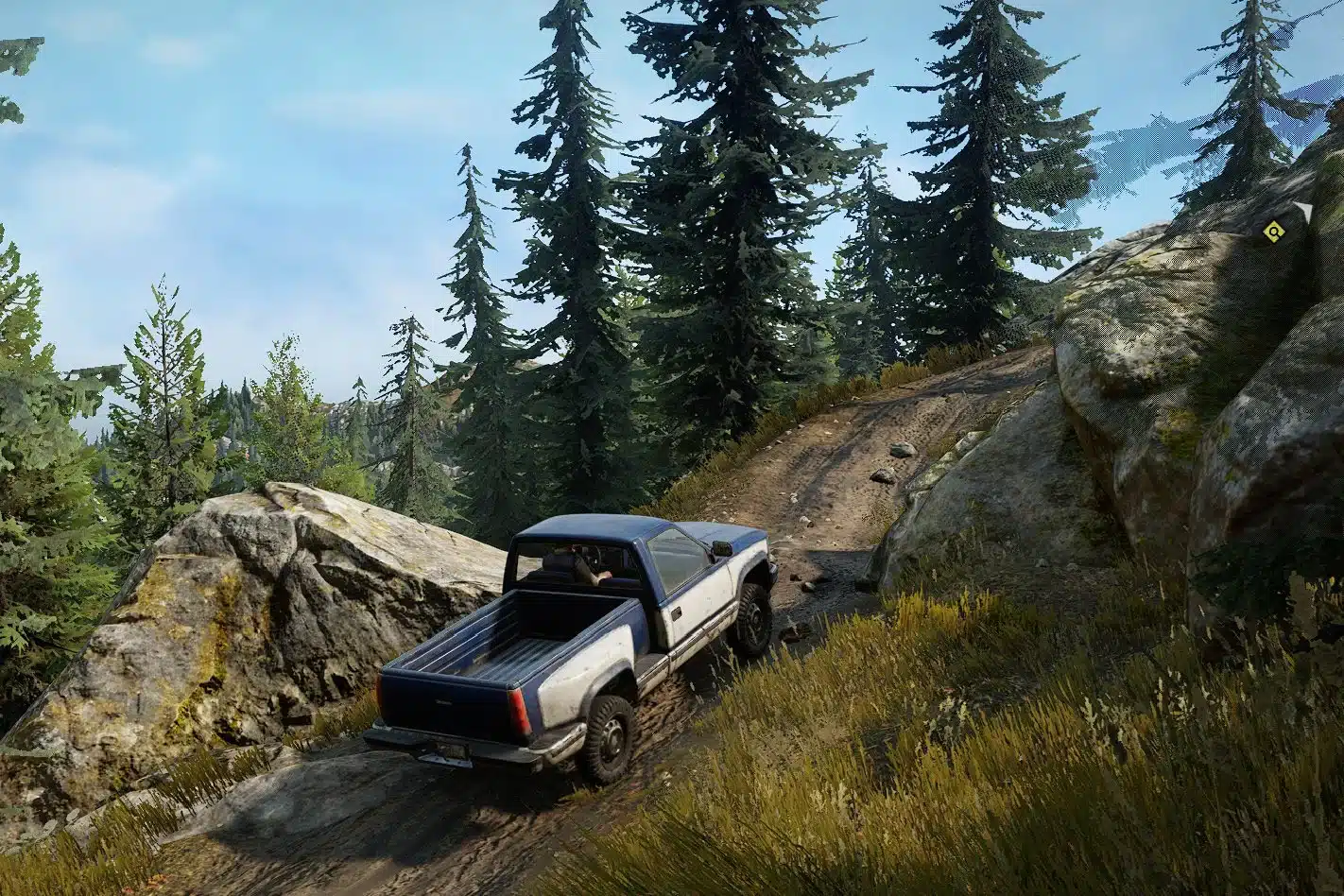 Off-road truck driving through a forest trail in SnowRunner.