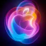 Colourful glowing Apple logo on a dark background.
