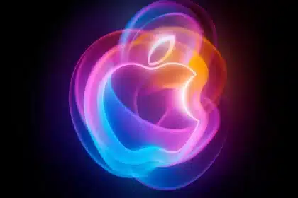 Colourful glowing Apple logo on a dark background.