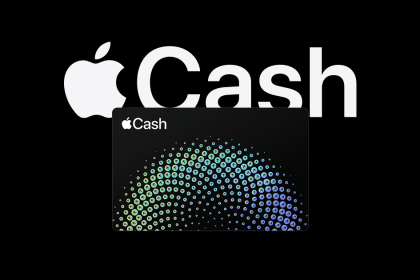 Apple Cash logo with a digital Apple Cash card on a black background.
